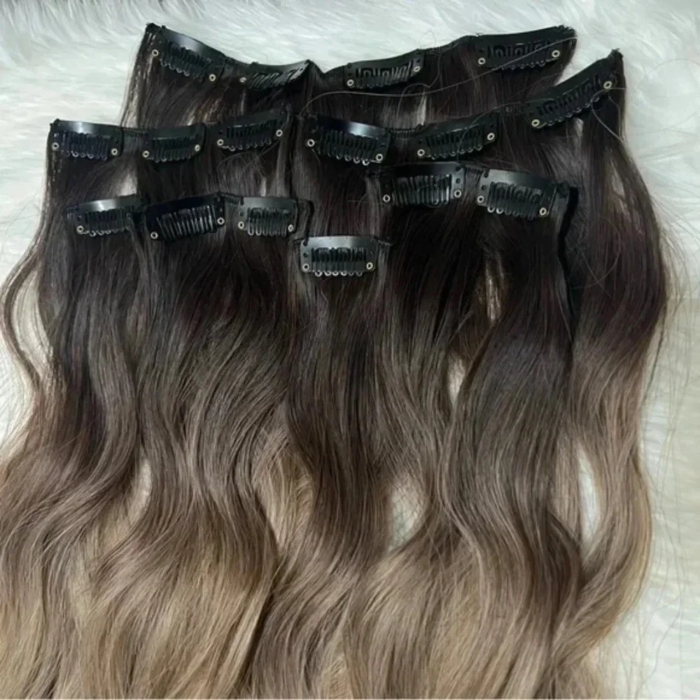 24 In Ombre Hair Style Clip in Hair Extensions Brown to Light Blonde wat…